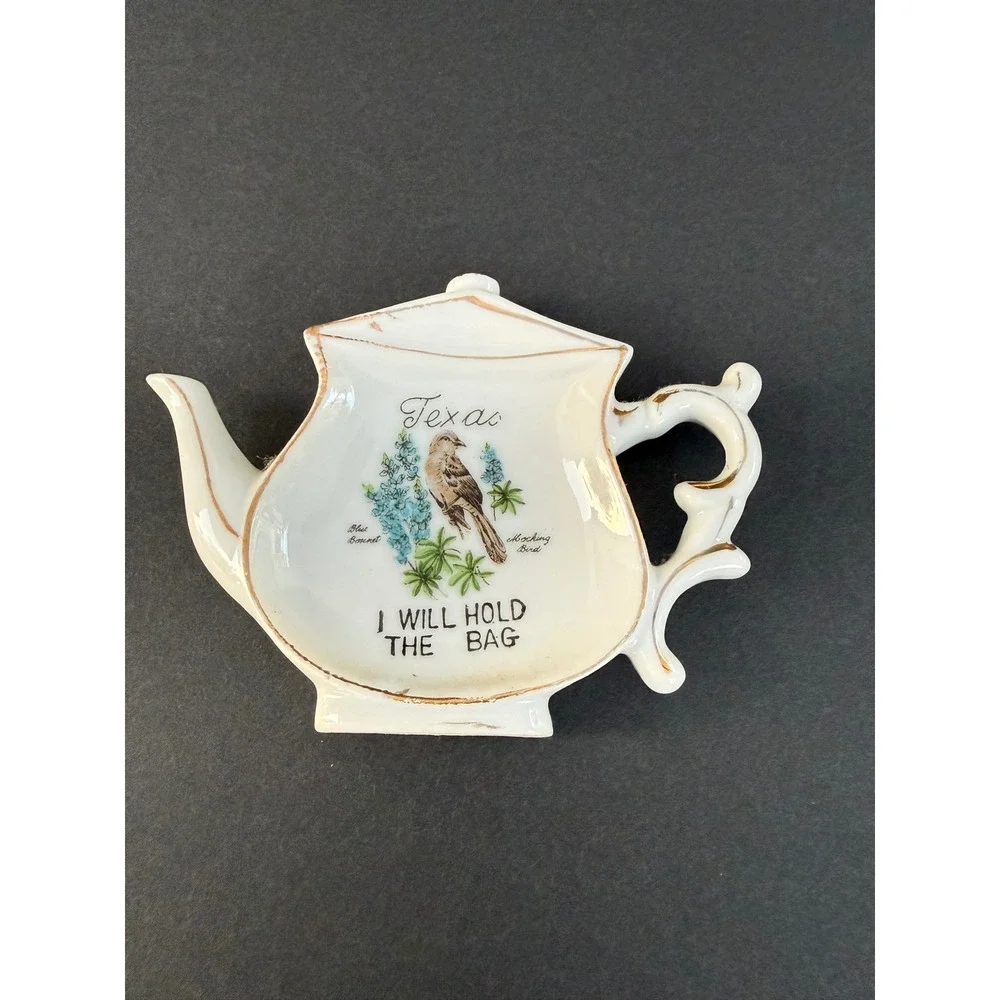 Vintage Texas Tea Bag Holder Mockingbird Bluebonnet Ceramic Gold Trim